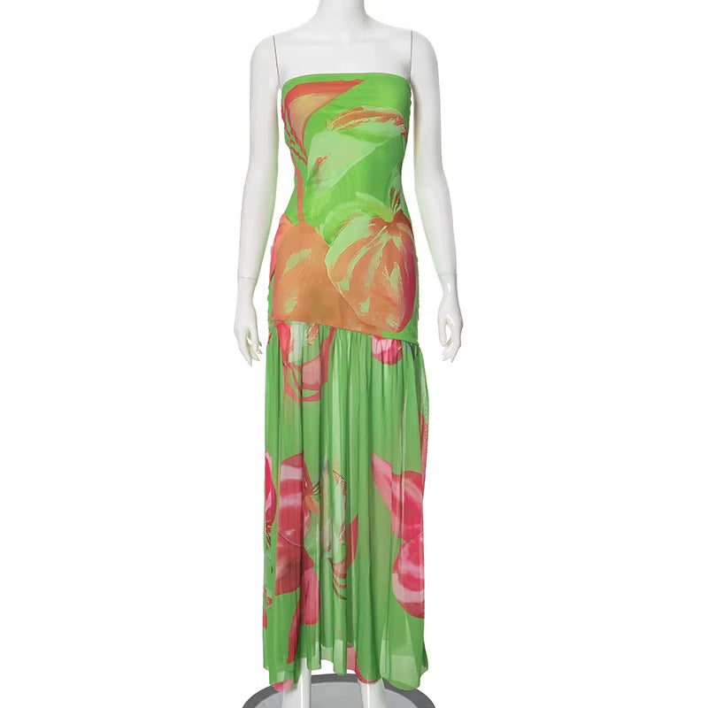 Women Autumn Evening Party Tube Dress Leopard Print Strapless Backless High Slit Long Dress Mesh Patchwork Cocktail Dre