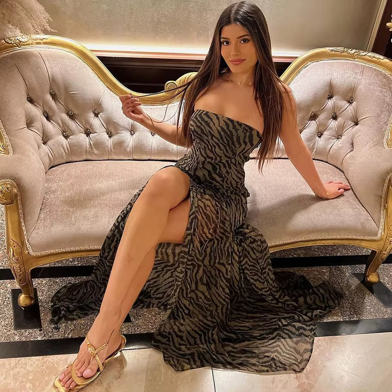 Women Autumn Evening Party Tube Dress Leopard Print Strapless Backless High Slit Long Dress Mesh Patchwork Cocktail Dre